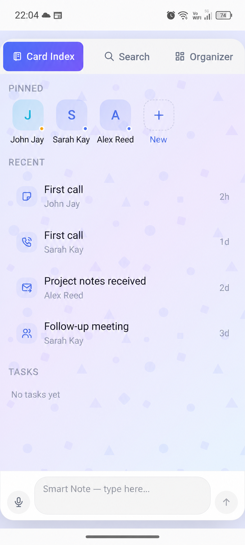 Adapted Card Index home demo with fictional contacts John Jay and Sarah Kay